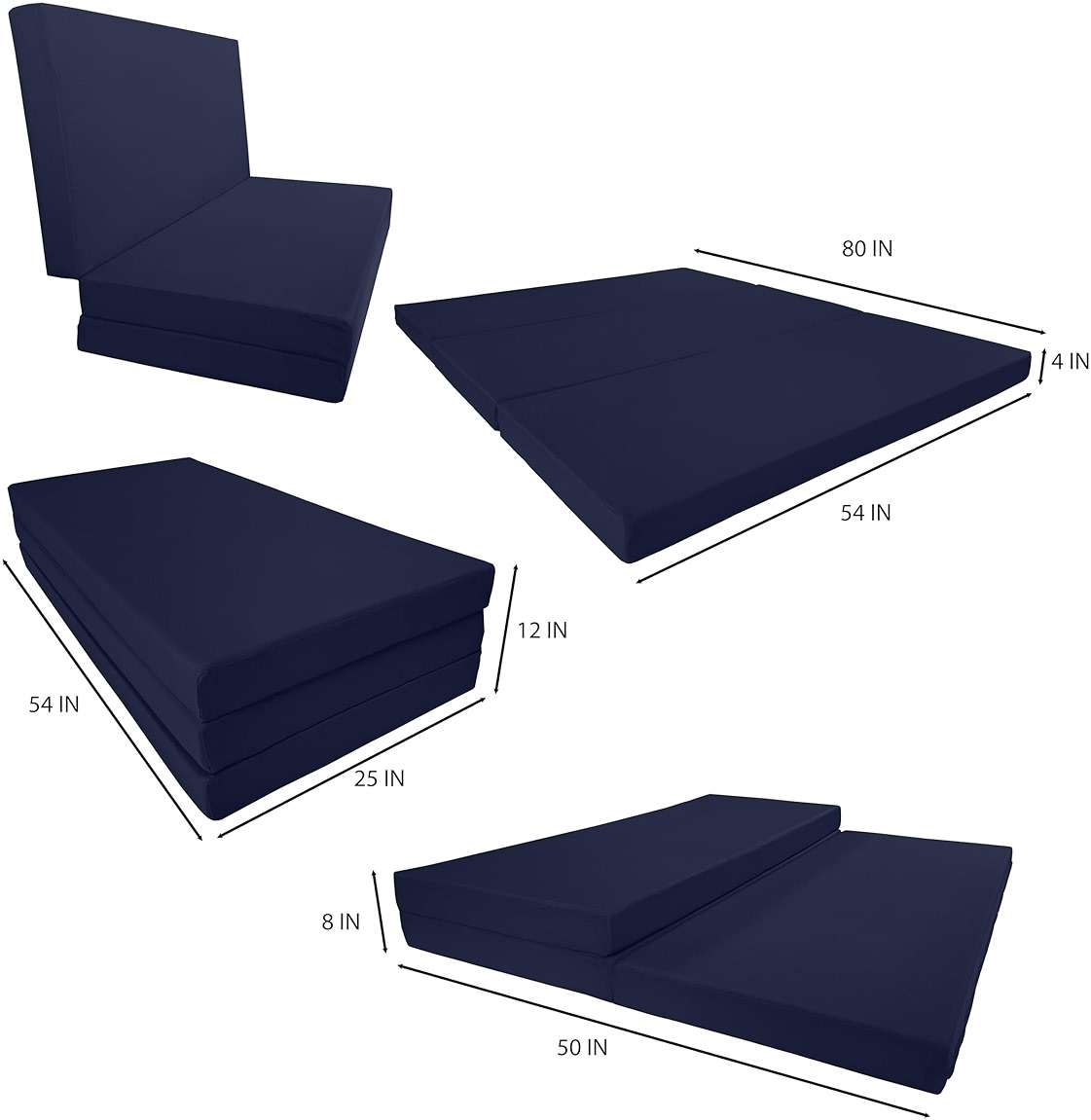 D&D Futon Furniture Portable Trifold Mattress, Foldable Foam Mattresses Small Space Saving Guest, Floor Fold Out Bed Ottoman, 4 inch Folding Cushion Pad Camping RV (Full Size 4x54x75, Navy Blue) - Image 2