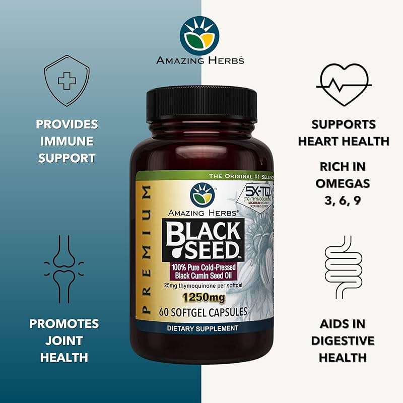 Amazing Herbs Premium Black Seed Oil Capsules - High Potency, Cold Pressed Nigella Sativa Aids in Digestive Health, Immune Support & Brain Function - 60 Count, 1250mg - Image 5
