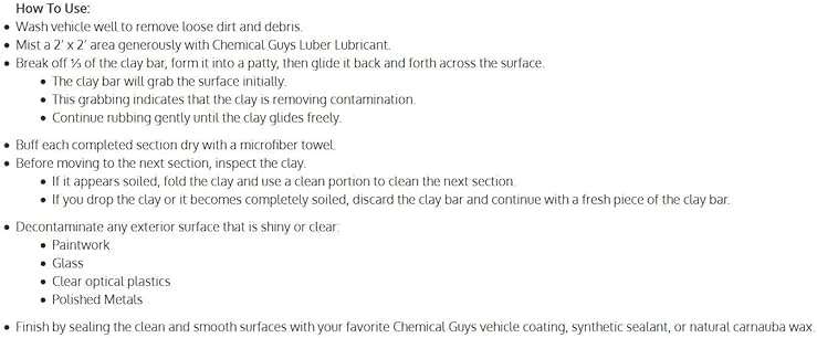 Chemical Guys Clay Bar and Luber Synthetic Lubricant Kit - Light/Medium Duty OG Clay Bar for Removing embedded dirt from Paint, Glass, and Metal, Essential Detailing Accessory - 2 Items - Image 15