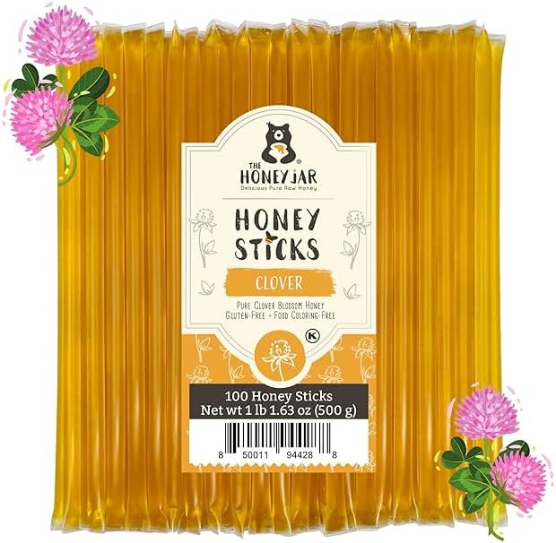 The Honey Jar Plain Honey Sticks - Pure Honey Straws For Tea, Coffee, or a Healthy Treat - One Teaspoon of Flavored Honey Per Stick - Made In The USA with Real Honey - (100 Count) - Product Image