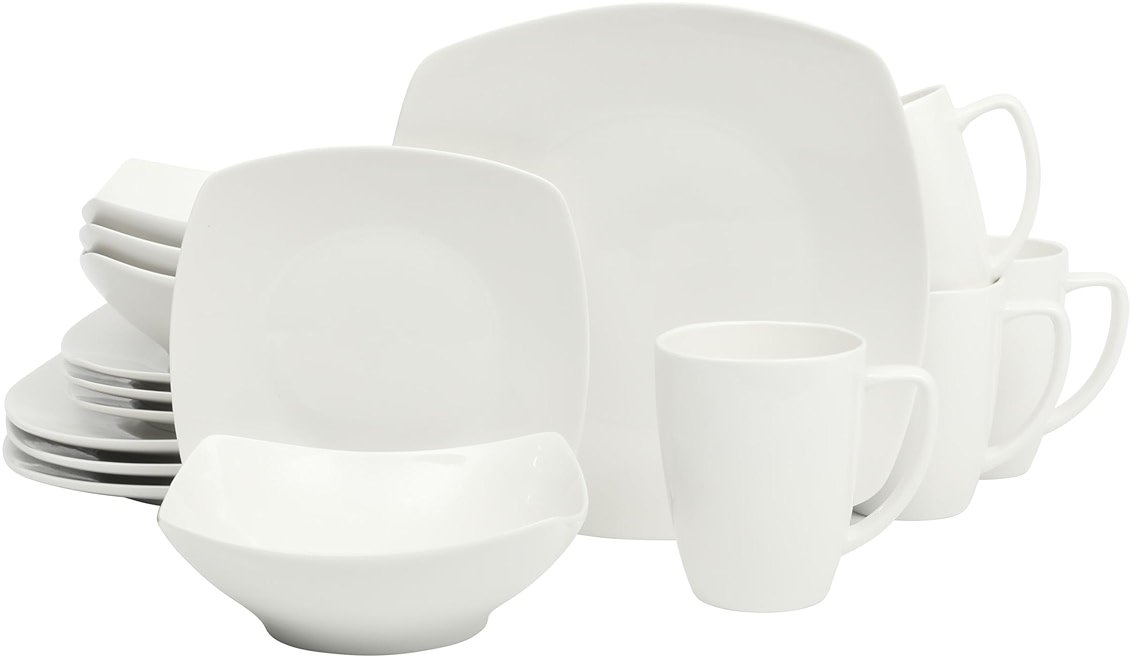 Gibson Home Zen Buffet White Porcelain Dinnerware Set for 4, Square Plates Bowls and Mugs, Chip and Scratch Resistant, Dishwasher and Microwave Safe, 16 Piece - Product Image