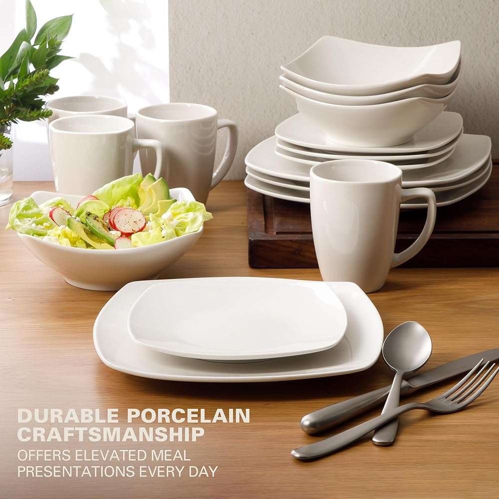 Gibson Home Zen Buffet White Porcelain Dinnerware Set for 4, Square Plates Bowls and Mugs, Chip and Scratch Resistant, Dishwasher and Microwave Safe, 16 Piece - Image 2