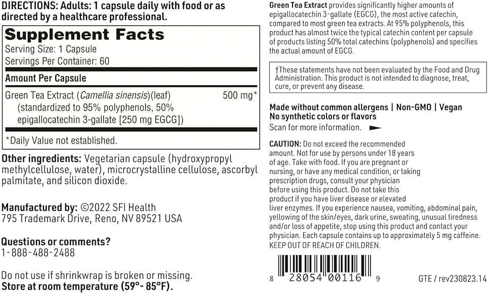 Klaire Labs SFI Health Green Tea Extract - 500 Milligrams Green Tea Leaf Extract, 95% Polyphenol Content 250 Milligrams EGCG (60 Vegetarian Capsules) - Image 4