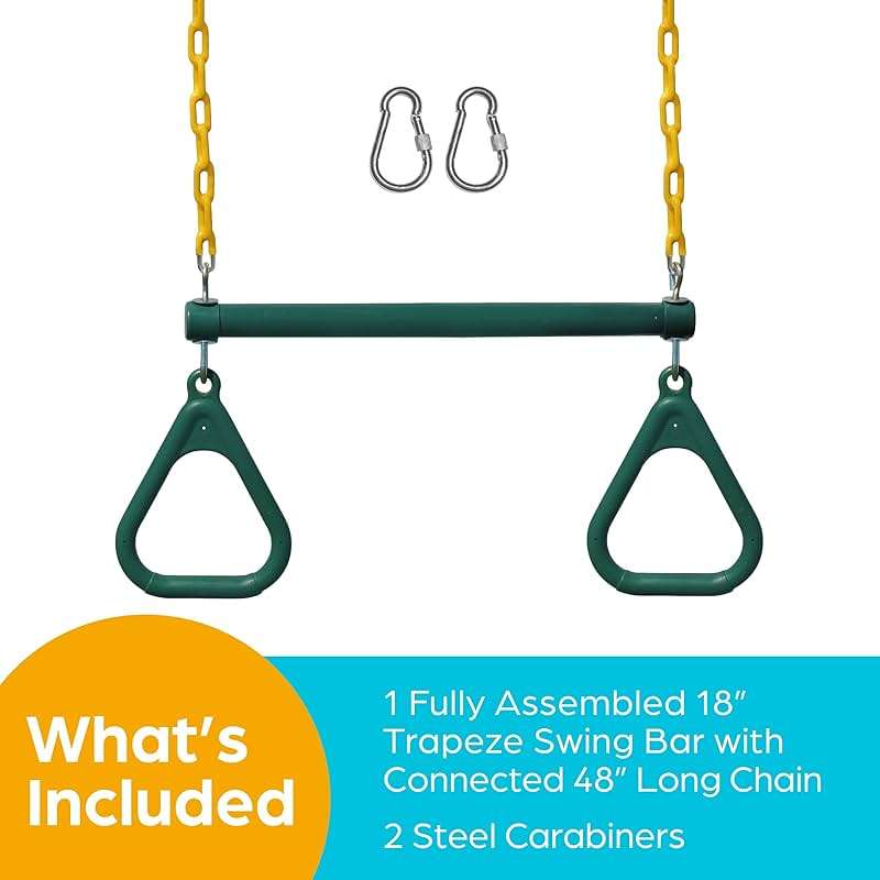 Jungle Gym Kingdom Swing Sets for Backyard, Monkey Bars & Swingset Accessories - Set Includes 18" Trapeze Swing Bar & 48" Heavy Duty Chain with Locking Carabiners - Outdoor Play Equipment (Green) - Image 7