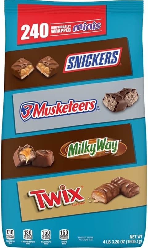 Mars SNICKERS, TWIX, 3 MUSKETEERS & MILKY WAY Individually Wrapped Variety Pack Minis Chocolate Candy Bars Bulk Assortment, 67.2 oz Bag - Product Image