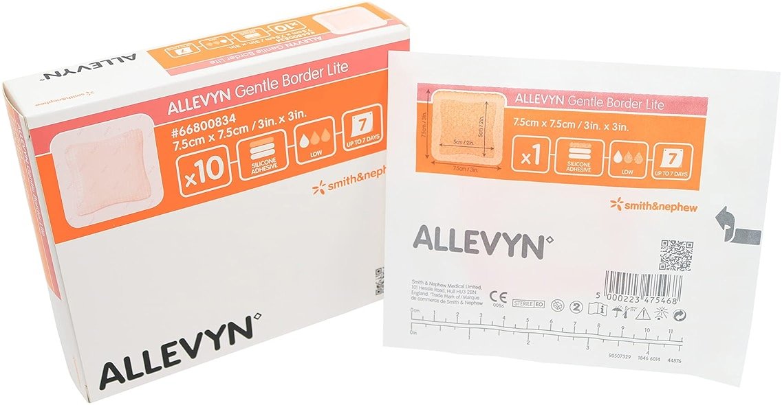 Allevyn Gentle Border Lite Foam Dressing, 3" x 3" (7.5 cm x 7.5 cm), Sterile Adhesive, Pack of 10 - Product Image