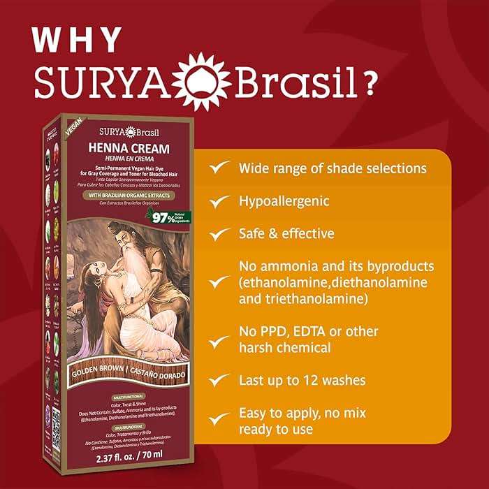 Surya Brasil - Henna Cream, Semi-Permanent Golden Brown Hair Color Treatment for Gray Coverage, Deep Conditioning Hair Dye, 2.37 oz / 70 ml - Image 2