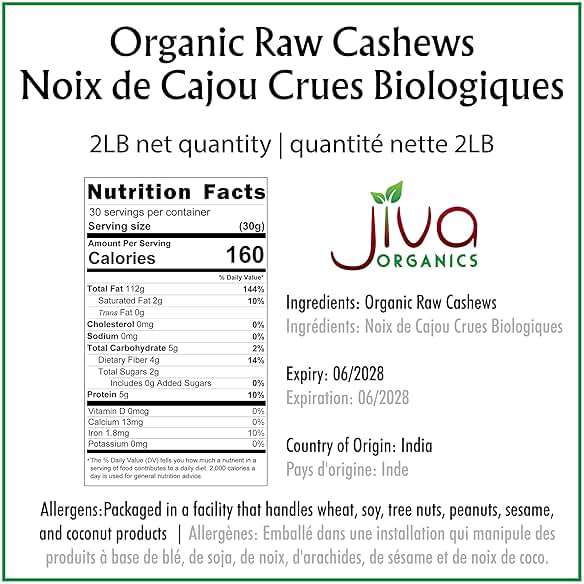 Organic Raw Cashews 2 LB Bag, Gluten-Free, Non-GMO, Vegan, Whole Raw Nuts, Unsalted, Unroasted, Crunchy & Healthy Snack, For Baking & Cooking by Jiva Organics - Image 2