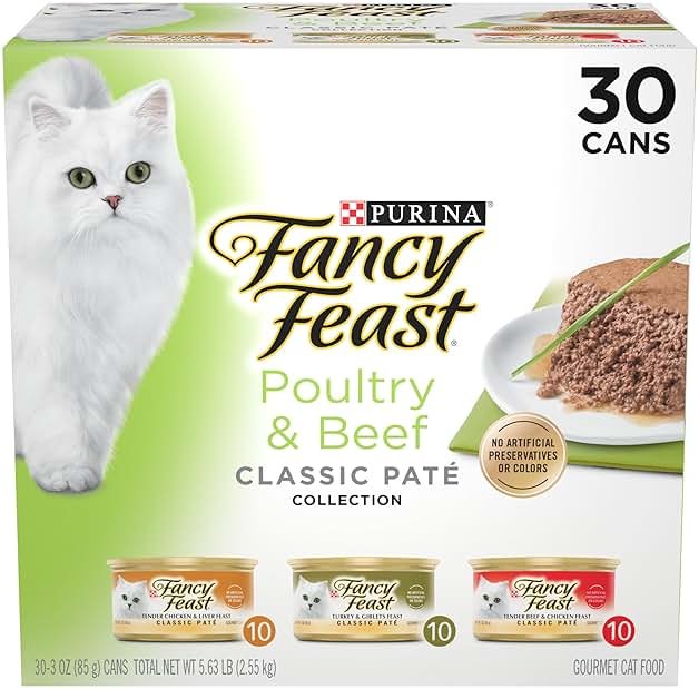 Fancy Feast Poultry and Beef Feast Classic Pate Collection Grain Free Wet Cat Food Variety Pack - (Pack of 30) 3 oz. Cans - Product Image