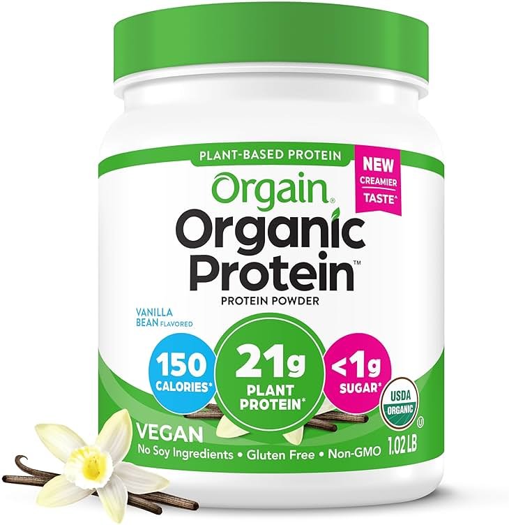 Orgain Organic Vegan Protein Powder, Vanilla Bean - 21g Plant Based Protein, 4g Prebiotic Fiber, No Lactose Ingredients, No Added Sugar, Non-GMO, For Shakes & Smoothies, 1.02 lb (Packaging May Vary) - Product Image