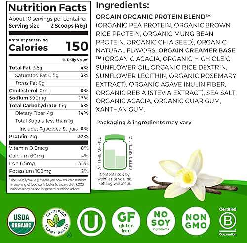 Orgain Organic Vegan Protein Powder, Vanilla Bean - 21g Plant Based Protein, 4g Prebiotic Fiber, No Lactose Ingredients, No Added Sugar, Non-GMO, For Shakes & Smoothies, 1.02 lb (Packaging May Vary) - Image 2