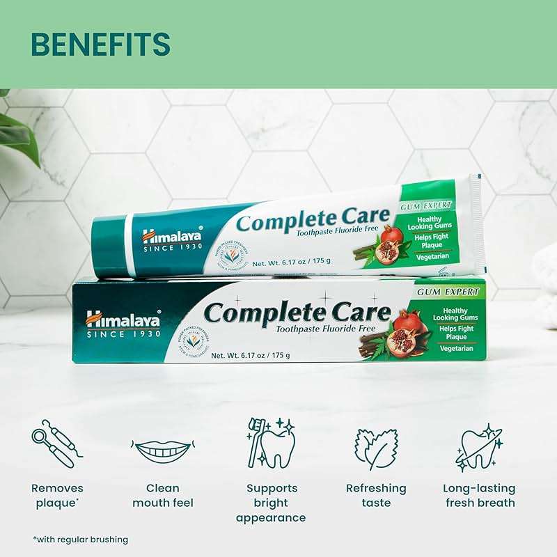 Himalaya Complete Care Toothpaste, Fights Plaque, Freshens Breath, Fluoride Free, Plant-Based, with Neem, Pomegranate, No Artificial Flavors, Cruelty Free, 6.17 Oz, 1 Pack - Image 4