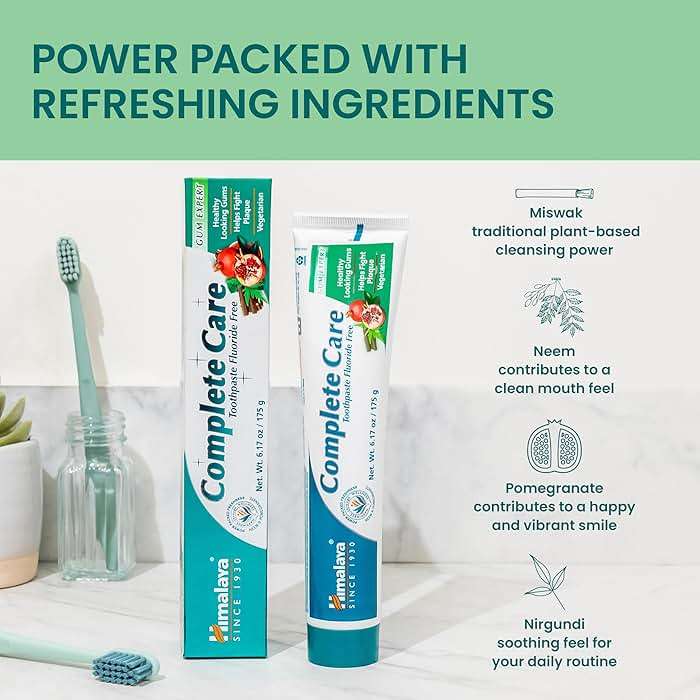 Himalaya Complete Care Toothpaste, Fights Plaque, Freshens Breath, Fluoride Free, Plant-Based, with Neem, Pomegranate, No Artificial Flavors, Cruelty Free, 6.17 Oz, 1 Pack - Image 5