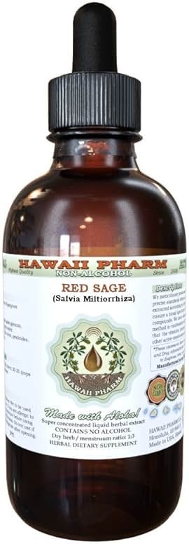 Red Sage Alcohol-Free Liquid Extract, Organic Red Sage (Salvia Miltiorrhiza) Dried Root Glycerite Natural Herbal Supplement, Hawaii Pharm, USA 2 fl.oz - Product Image