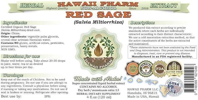 Red Sage Alcohol-Free Liquid Extract, Organic Red Sage (Salvia Miltiorrhiza) Dried Root Glycerite Natural Herbal Supplement, Hawaii Pharm, USA 2 fl.oz - Image 2