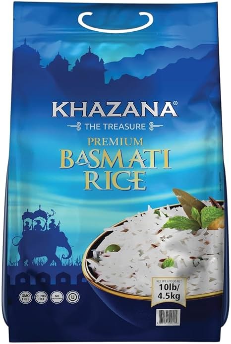 Authentic Premium Basmati Rice by Khazana in 10 lb Bag - Aromatic and Flavorful Indian Grain - Non-GMO, Gluten Free, Kosher, Cholesterol Free - Product Image