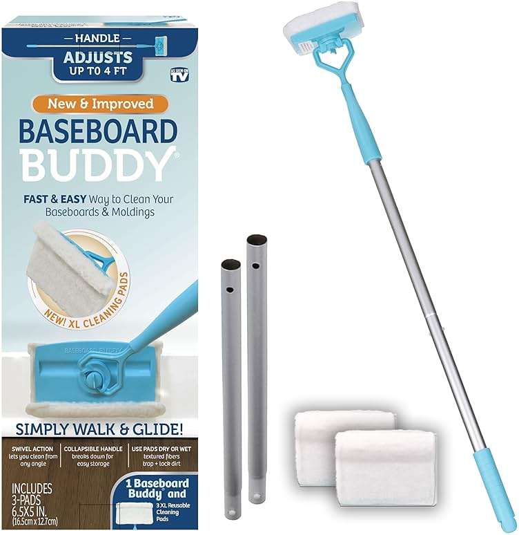 Baseboard Buddy | Home & Apartment Cleaning Tool with 360 Degree Swivel Head for Baseboards, Moldings, Floors & More, Clean Dust, Dirt & Pet Hair | As Seen on TV (1 Baseboard Buddy & 3 Reusable Pads) - Image 1