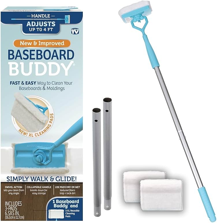 Baseboard Buddy | Home & Apartment Cleaning Tool with 360 Degree Swivel Head for Baseboards, Moldings, Floors & More, Clean Dust, Dirt & Pet Hair | As Seen on TV (1 Baseboard Buddy & 3 Reusable Pads) - Product Image