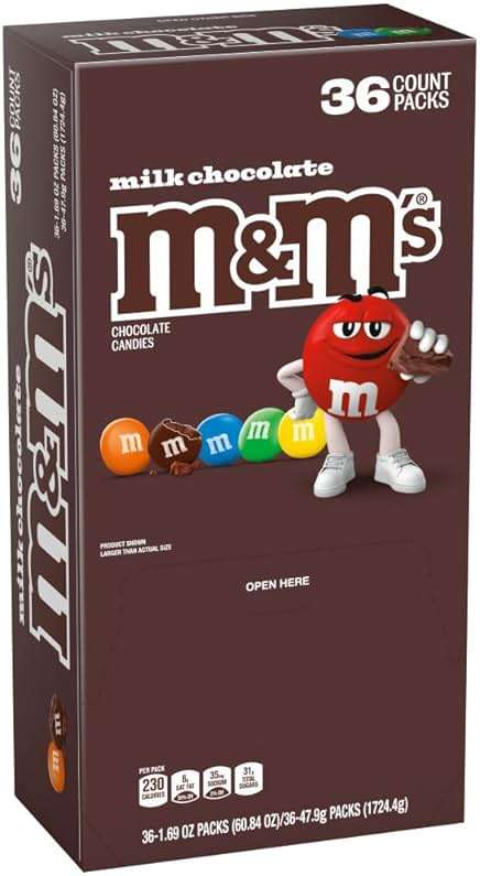 M&M'S Milk Chocolate Candy, Full Size, 1.69 oz Bag (Pack of 36) - Image 1