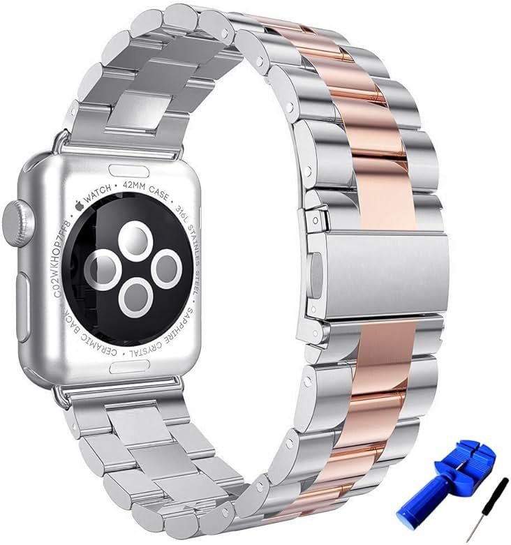 HUANLONG Solid Stainless Steel Band Compatible with Apple Watch 49mm 46mm 45mm 44mm 42mm 41mm 40mm 38mm, Metal Strap for iWatch Series Ultra/Ultra2/10/9/8/7/6/5/4/3/2/1 SE Women and Men(Silver/Rosegold 38mm/40mm/41mm) - Product Image