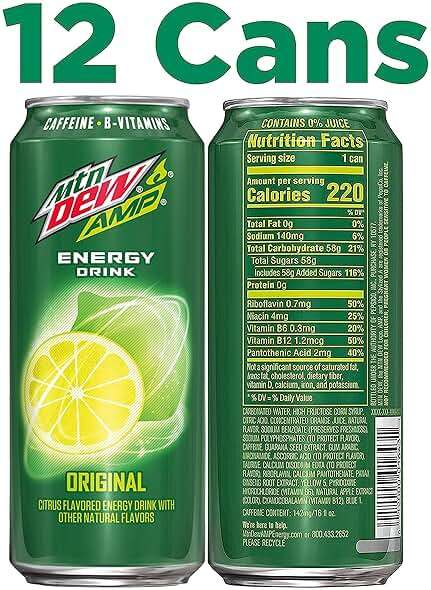 Mtn Dew AMP Energy, Original, Energy Drink with Caffeine, B Vitamins, 16 fl oz cans (12 Pack), Packaging May Vary - Image 3
