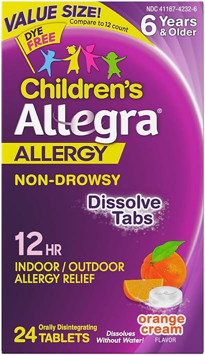 Allegra Children's 12-Hour Allergy Relief Orally Dissolving Tablets, Non-Drowsy Indoor and Outdoor Allergy Medicine, 30 mg Fexofenadine HCI Antihistamine for Kids, Orange Cream Flavor, 24-Count - Product Image