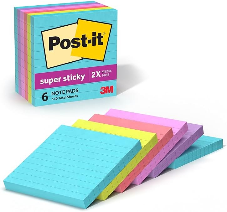 Post-it Super Sticky Notes, 6 Lined Sticky Note Pads, 4 x 4 in., School Supplies, Office Products, 2X the Sticking Power, Supernova Neons Collection - Product Image