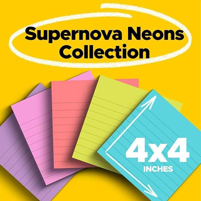 Post-it Super Sticky Notes, 6 Lined Sticky Note Pads, 4 x 4 in., School Supplies, Office Products, 2X the Sticking Power, Supernova Neons Collection - Image 3