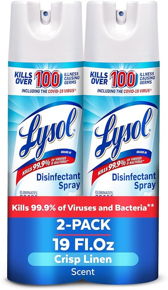 Lysol Disinfectant Spray, Household Essential Cleaning Supplies, Multi-Purpose Room Spray, Antibacterial Sanitizer Spray, Upholstery Deodorizer, Home and Bathroom, Crisp Linen,19 Fl Oz (Pack of 2) - Product Image