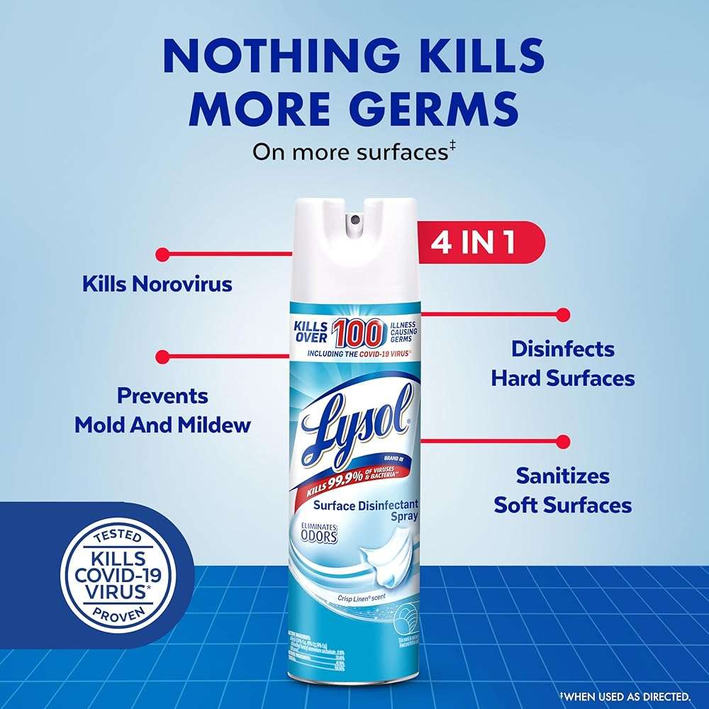 Lysol Disinfectant Spray, Household Essential Cleaning Supplies, Multi-Purpose Room Spray, Antibacterial Sanitizer Spray, Upholstery Deodorizer, Home and Bathroom, Crisp Linen,19 Fl Oz (Pack of 2) - Image 2