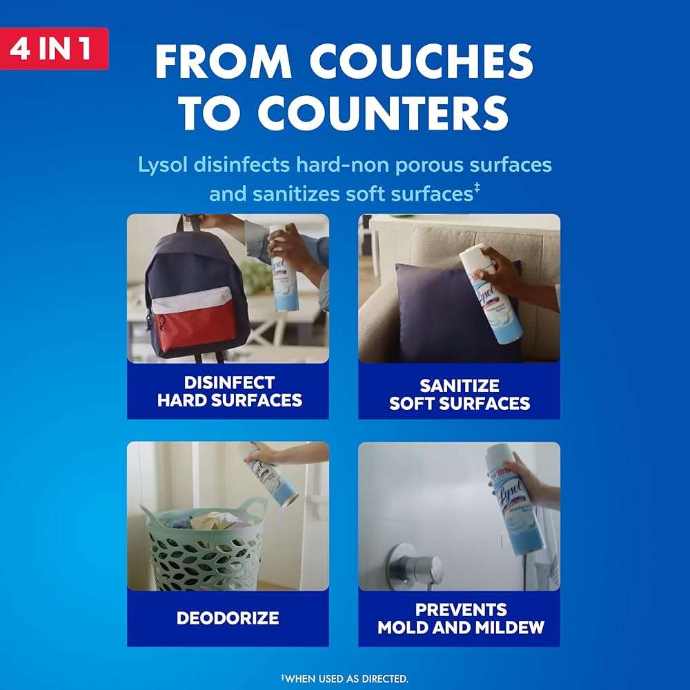 Lysol Disinfectant Spray, Household Essential Cleaning Supplies, Multi-Purpose Room Spray, Antibacterial Sanitizer Spray, Upholstery Deodorizer, Home and Bathroom, Crisp Linen,19 Fl Oz (Pack of 2) - Image 3