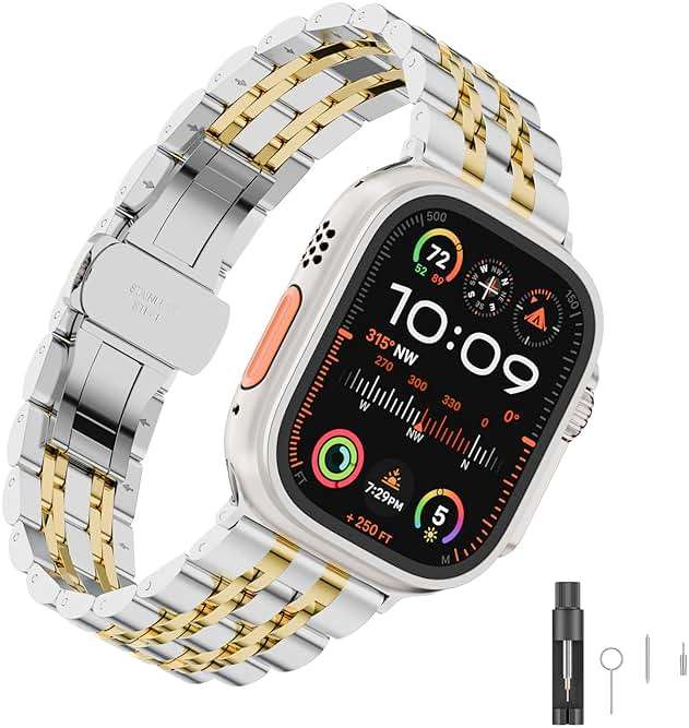 HUANLONG Stainless Steel Band Compatible with Apple Watch Stocking Stuffers for Men Women Gift Holiday,Metal Strap for Iwatch Series Ultra1/Ultra2/Ultra3/11/10/9/8/7/6/5/4/3/2/1/SE/SE2/SE3 (42mm/44mm/45mm/46mm/49mm),Silver/Gold. - Image 1