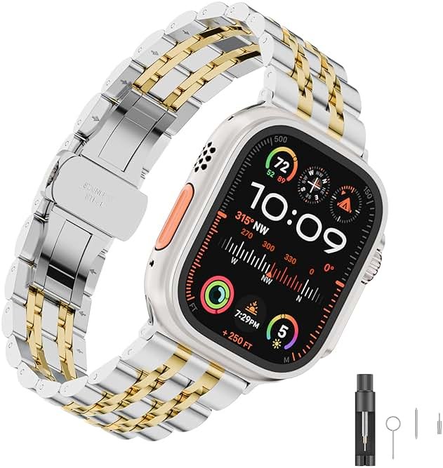 HUANLONG Stainless Steel Band Compatible with Apple Watch Stocking Stuffers for Men Women Gift Holiday,Metal Strap for Iwatch Series Ultra1/Ultra2/Ultra3/11/10/9/8/7/6/5/4/3/2/1/SE/SE2/SE3 (42mm/44mm/45mm/46mm/49mm),Silver/Gold. - Product Image