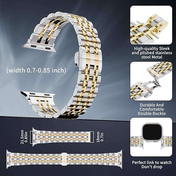 HUANLONG Stainless Steel Band Compatible with Apple Watch Stocking Stuffers for Men Women Gift Holiday,Metal Strap for Iwatch Series Ultra1/Ultra2/Ultra3/11/10/9/8/7/6/5/4/3/2/1/SE/SE2/SE3 (42mm/44mm/45mm/46mm/49mm),Silver/Gold. - Image 2