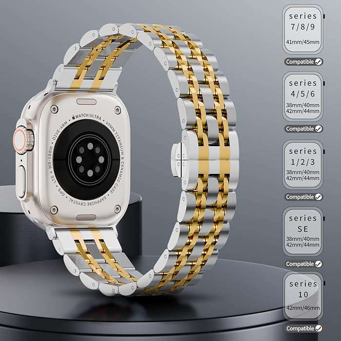 HUANLONG Stainless Steel Band Compatible with Apple Watch Stocking Stuffers for Men Women Gift Holiday,Metal Strap for Iwatch Series Ultra1/Ultra2/Ultra3/11/10/9/8/7/6/5/4/3/2/1/SE/SE2/SE3 (42mm/44mm/45mm/46mm/49mm),Silver/Gold. - Image 3
