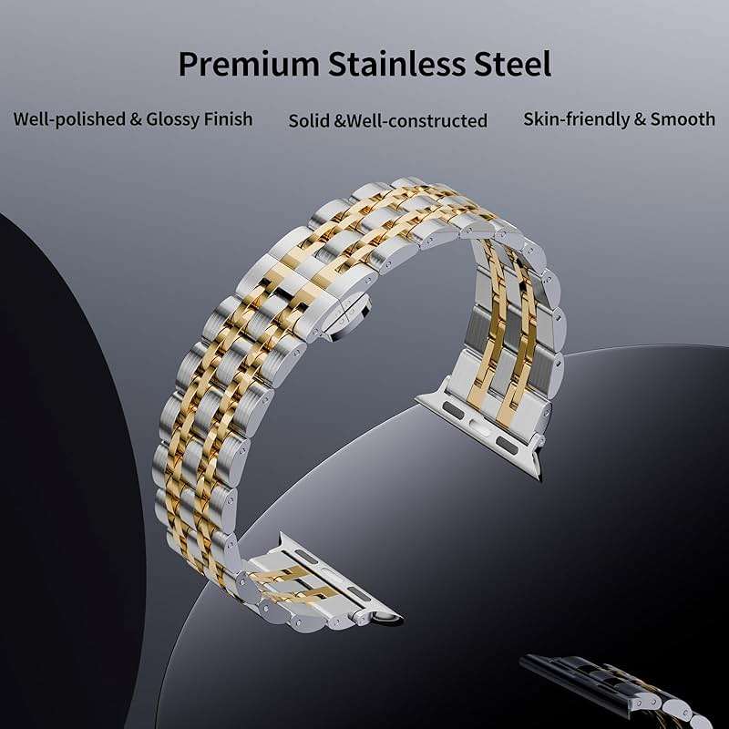 HUANLONG Stainless Steel Band Compatible with Apple Watch Stocking Stuffers for Men Women Gift Holiday,Metal Strap for Iwatch Series Ultra1/Ultra2/Ultra3/11/10/9/8/7/6/5/4/3/2/1/SE/SE2/SE3 (42mm/44mm/45mm/46mm/49mm),Silver/Gold. - Image 4