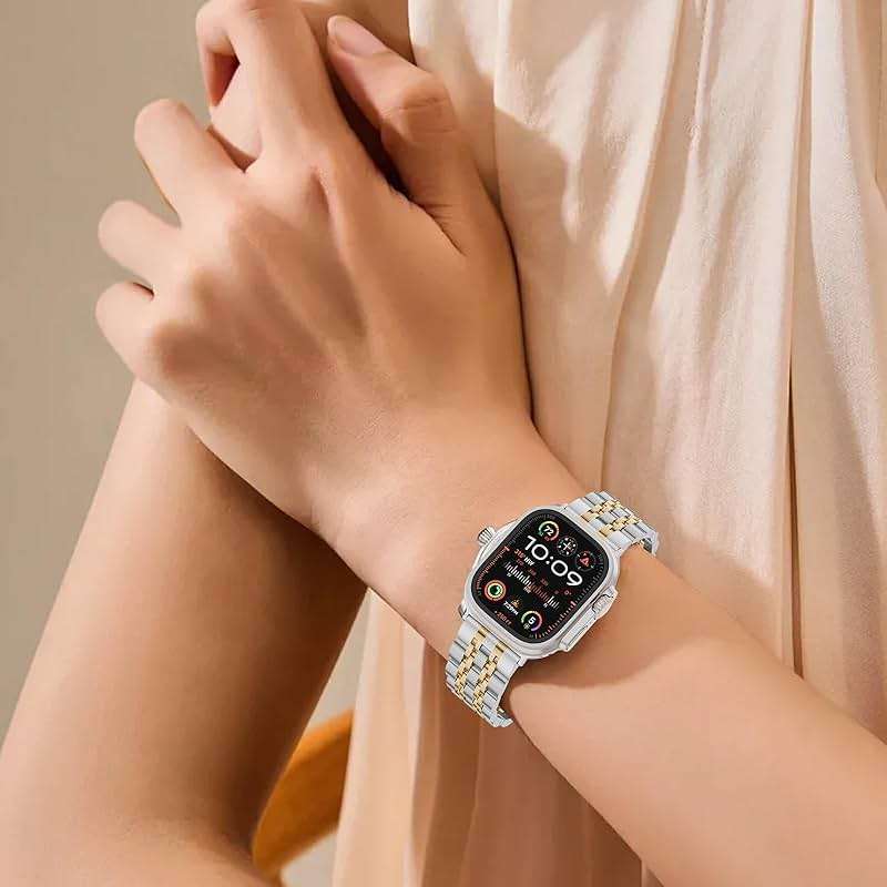 HUANLONG Stainless Steel Band Compatible with Apple Watch Stocking Stuffers for Men Women Gift Holiday,Metal Strap for Iwatch Series Ultra1/Ultra2/Ultra3/11/10/9/8/7/6/5/4/3/2/1/SE/SE2/SE3 (42mm/44mm/45mm/46mm/49mm),Silver/Gold. - Image 6