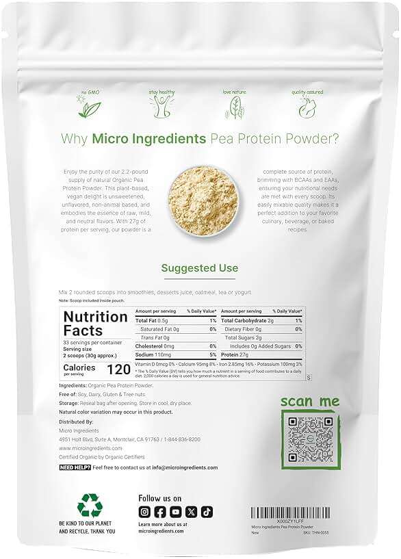 North America Grown, Organic Pea Protein Powder, 1KG (2.2 Pounds) | Plant-Based Vegan Protein, Meatless Protein Supplement, Natural Branched Chain Amino Acids | Non-GMO, Soy Free - Image 2