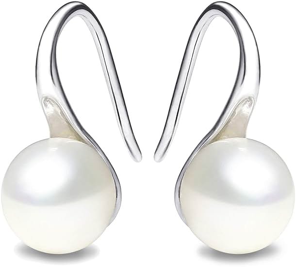 925 Sterling Silver Hoop Handpicked AAA+ Quality 7.5-8mm White Freshwater Cultured Pearl Dangle Drop Earrings Jewelry for Women - Product Image