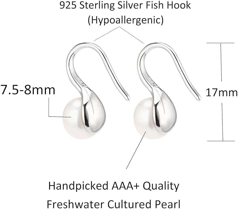 925 Sterling Silver Hoop Handpicked AAA+ Quality 7.5-8mm White Freshwater Cultured Pearl Dangle Drop Earrings Jewelry for Women - Image 3