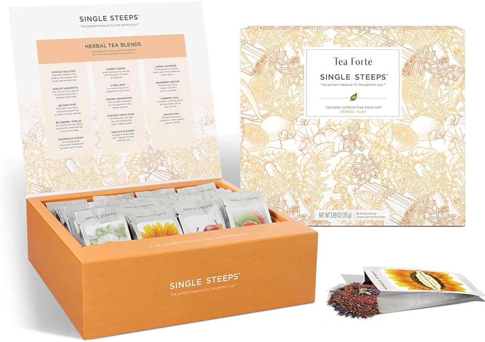 Tea Forte Single Steeps Loose Leaf Tea Sampler Tea Chest, Assorted Variety Tea Box, 28 Single Serve Pouches, Herbal Tea - Image 1