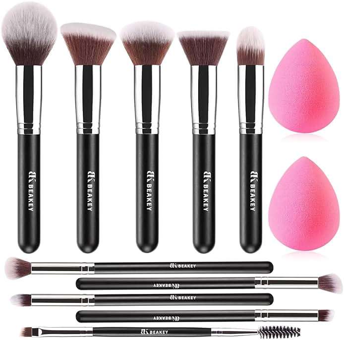 BEAKEY Makeup Brushes Set, Professional Foundation Eyeshadow Concealer Blush Powder Bronzer Applicator, 2 Blender Sponge with Beauty Paper Case - Image 1