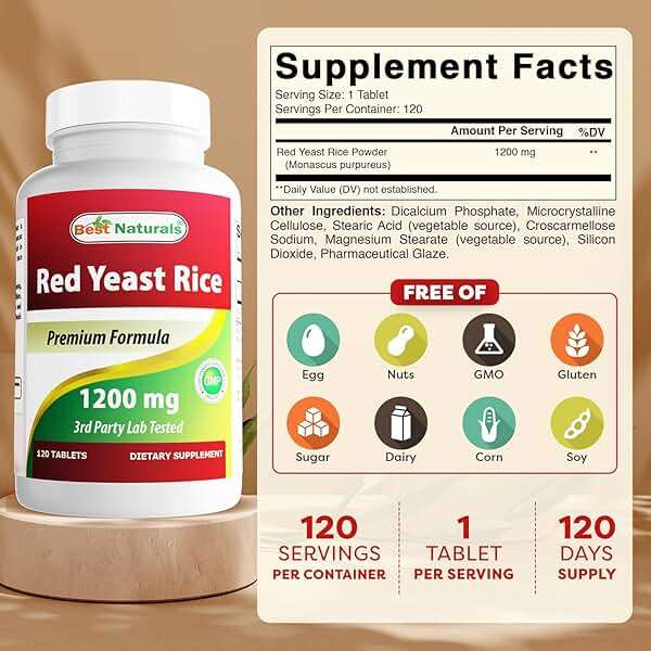 Best Naturals Red Yeast Rice 1200 mg (Non-GMO) 120 Tablets - Non Irradiated, Citrinin Free - Image 2