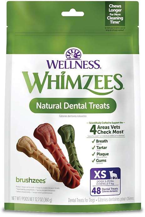 Whimzees Wellness Brushzees Natural Dog Dental Treat, VOHC Accepted Chews, Freshens Breath, Extra-Small Size, 12.7 oz Bag, 48 Count - Image 1