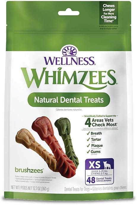 Whimzees Wellness Brushzees Natural Dog Dental Treat, VOHC Accepted Chews, Freshens Breath, Extra-Small Size, 12.7 oz Bag, 48 Count - Product Image