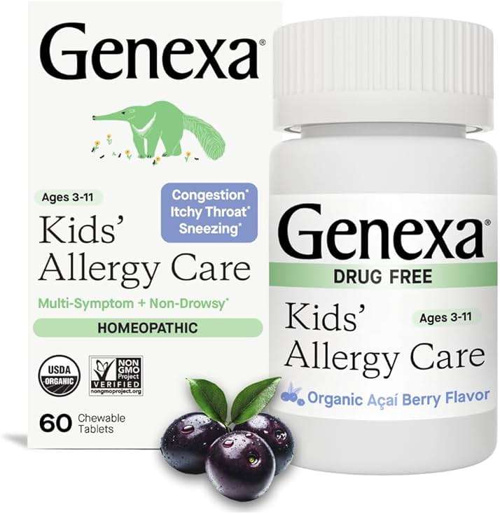 Genexa Kids Allergy Care | Drug Free, Non-Drowsy Children's Allergy & Decongestant Remedy | Vegan & Non-GMO | Homeopathic Relief Made Clean | Organic Acai Berry Flavor | 60 Chewable Tablets Ages 3-11 - Image 1