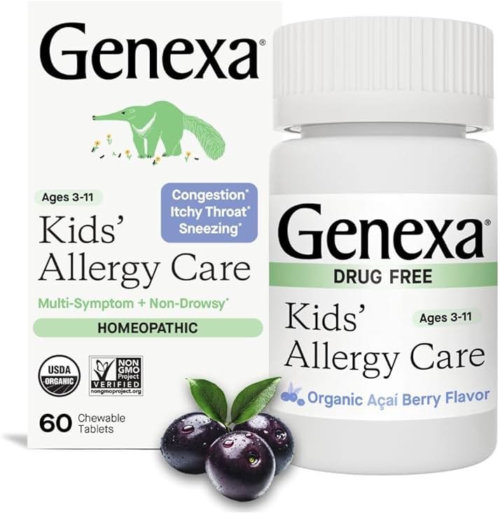 Genexa Kids Allergy Care | Drug Free, Non-Drowsy Children's Allergy & Decongestant Remedy | Vegan & Non-GMO | Homeopathic Relief Made Clean | Organic Acai Berry Flavor | 60 Chewable Tablets Ages 3-11 - Product Image