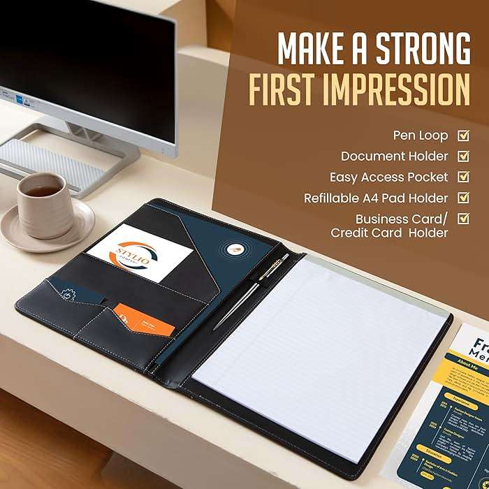 STYLIO Padfolio Portfolio Organizer Binder | Interview Resume Folder, Legal Document, Business Card Holder |w/Letter-Sized Notepad | Handsome Piano Noir Faux Leather Folio Matte Finish, Accent Stitch - Image 3