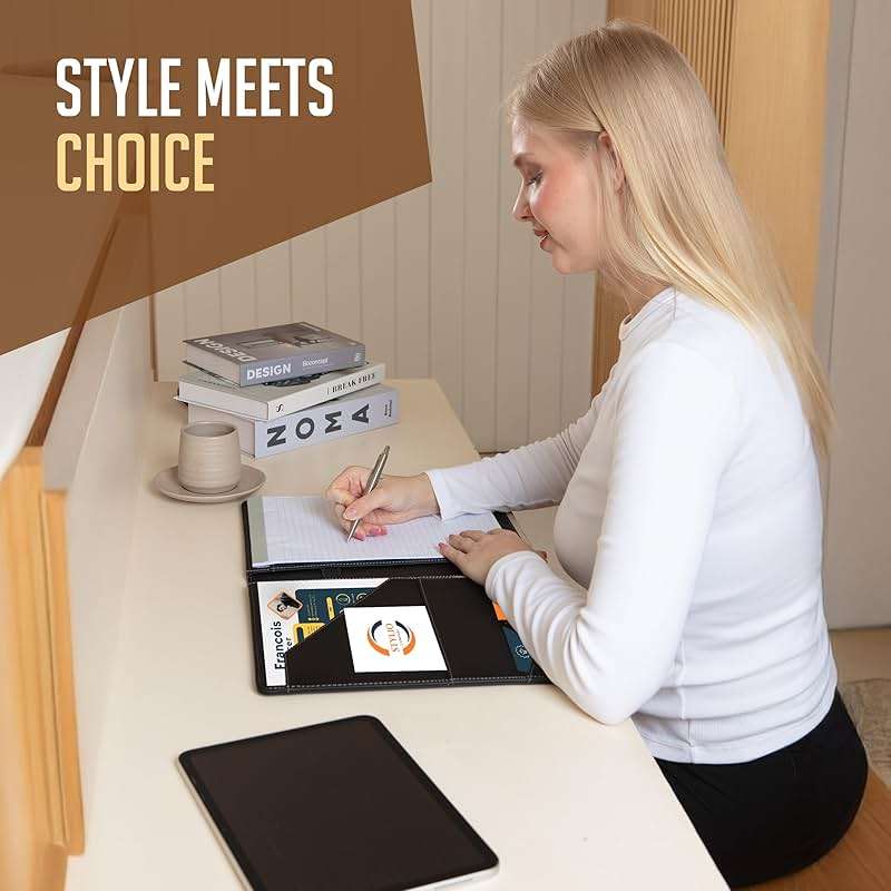 STYLIO Padfolio Portfolio Organizer Binder | Interview Resume Folder, Legal Document, Business Card Holder |w/Letter-Sized Notepad | Handsome Piano Noir Faux Leather Folio Matte Finish, Accent Stitch - Image 5