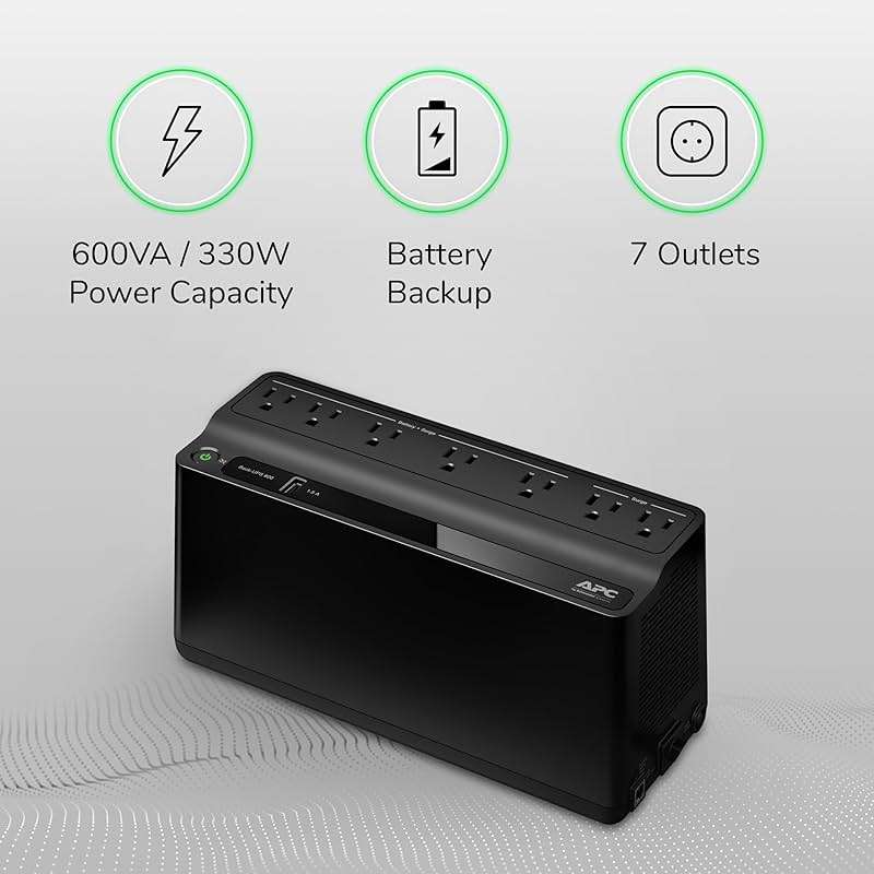 APC UPS 600VA / 330W UPS Battery Backup & Surge Protector, 7 Outlets (NEMA 5-15R), USB Charging Port, BE600M1 Uninterruptible Power Supply for Computers, Wi-Fi Routers, and Home Office Electronics - Image 5